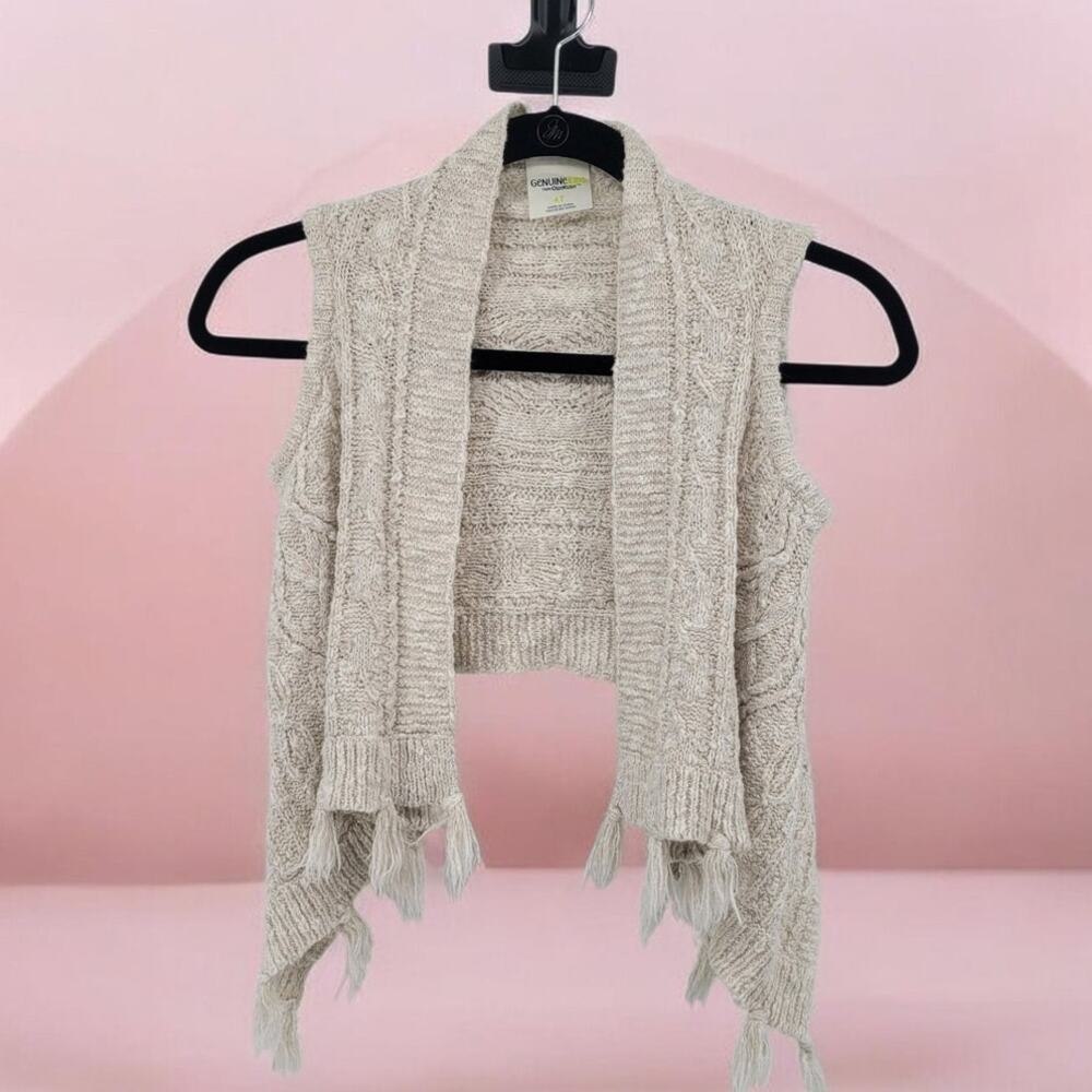 Genuine Kids OshKosh 4T Open Front Beige Chunky Knit Tassel Cardigan Sweater